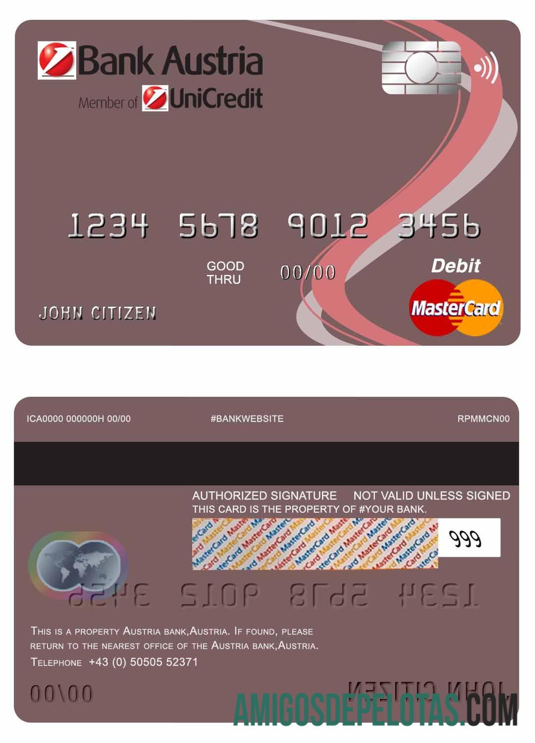 Cartão de débito Austria Bank Austria Mastercard baixar para verificação